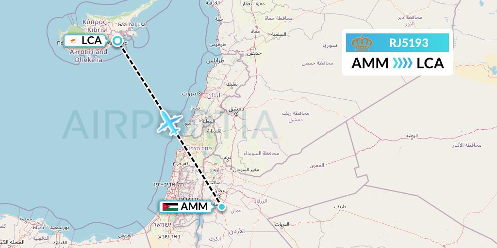 RJ5193 Royal Jordanian Flight Map: Amman to Larnaca