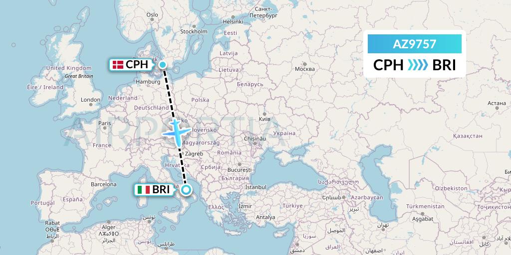 AZ9757 ITA Airways Flight Map: Copenhagen to Bari