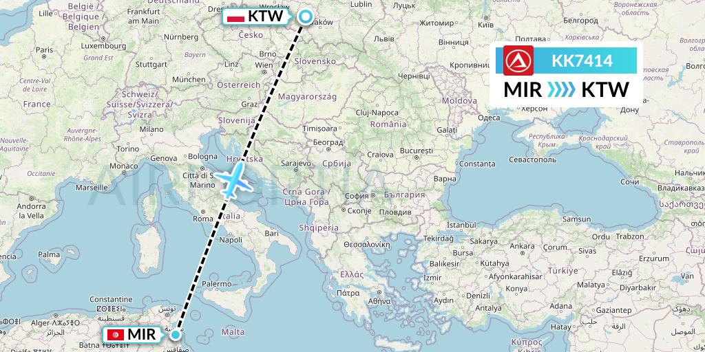 KK7414 Atlasjet Flight Map: Monastir to Katowice