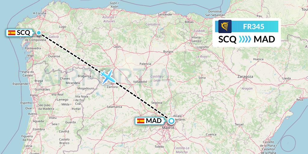 FR345 Ryanair Flight Map: Santiago to Madrid