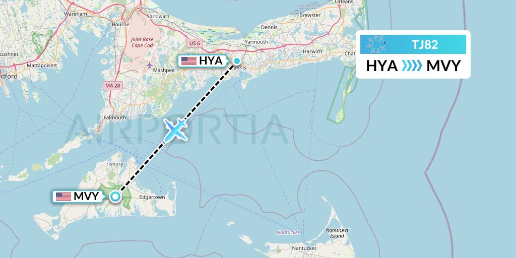 TJ82 Tradewind Aviation Flight Map: Hyannis to Martha's Vineyard