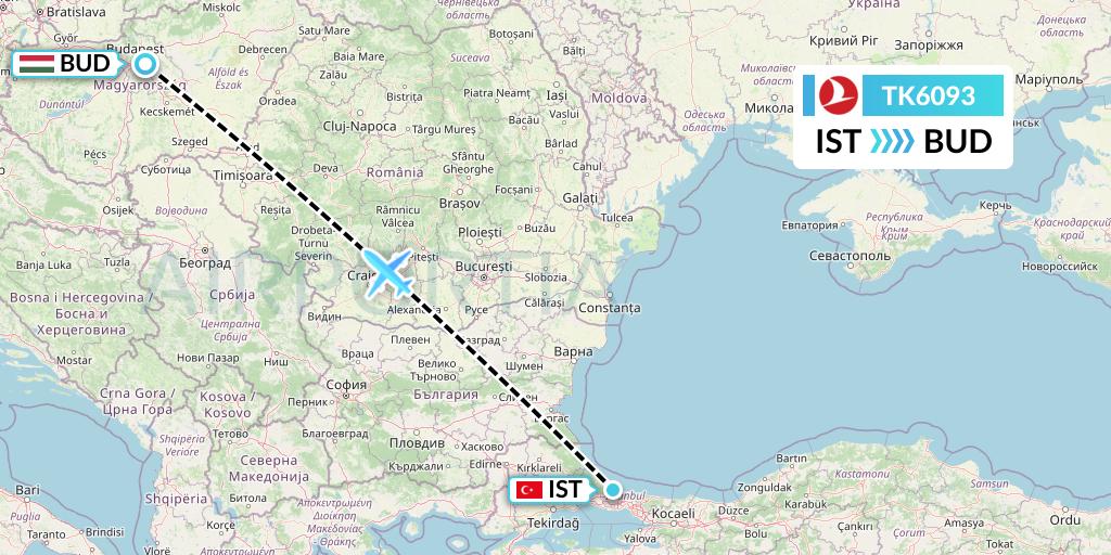 TK6093 Turkish Airlines Flight Map: Istanbul to Budapest
