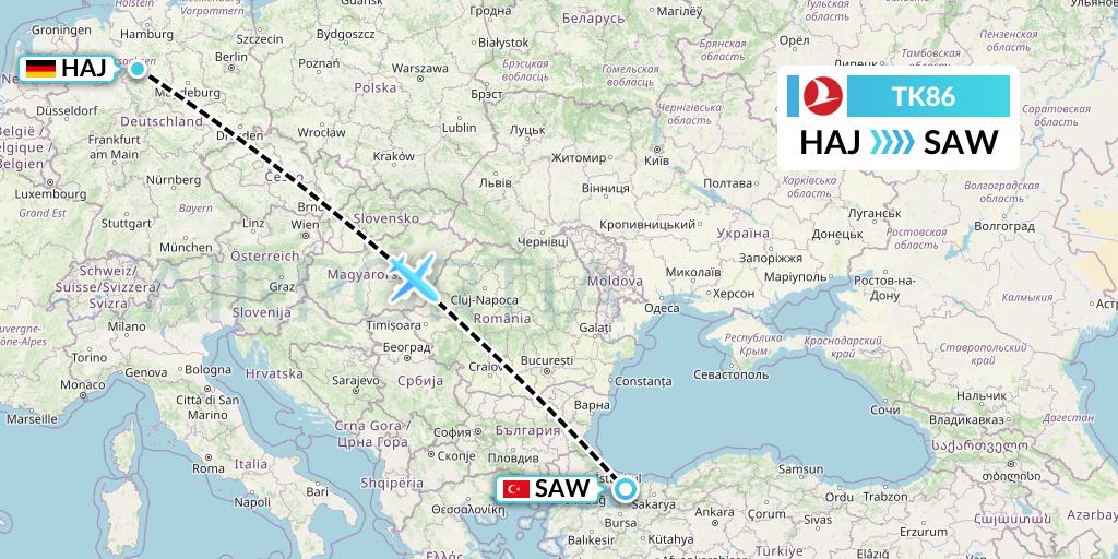 TK86 Turkish Airlines Flight Map: Hannover to Istanbul