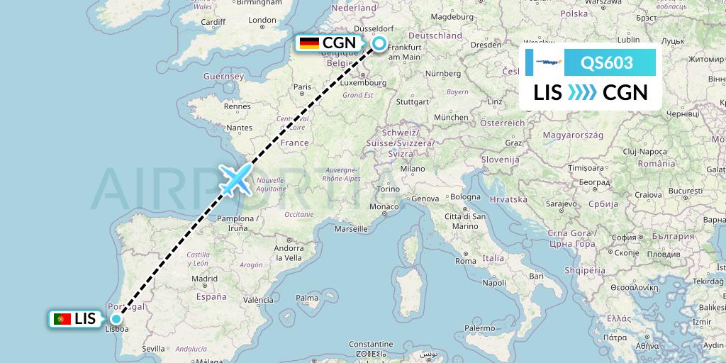 QS603 Smartwings Flight Map: Lisbon to Cologne