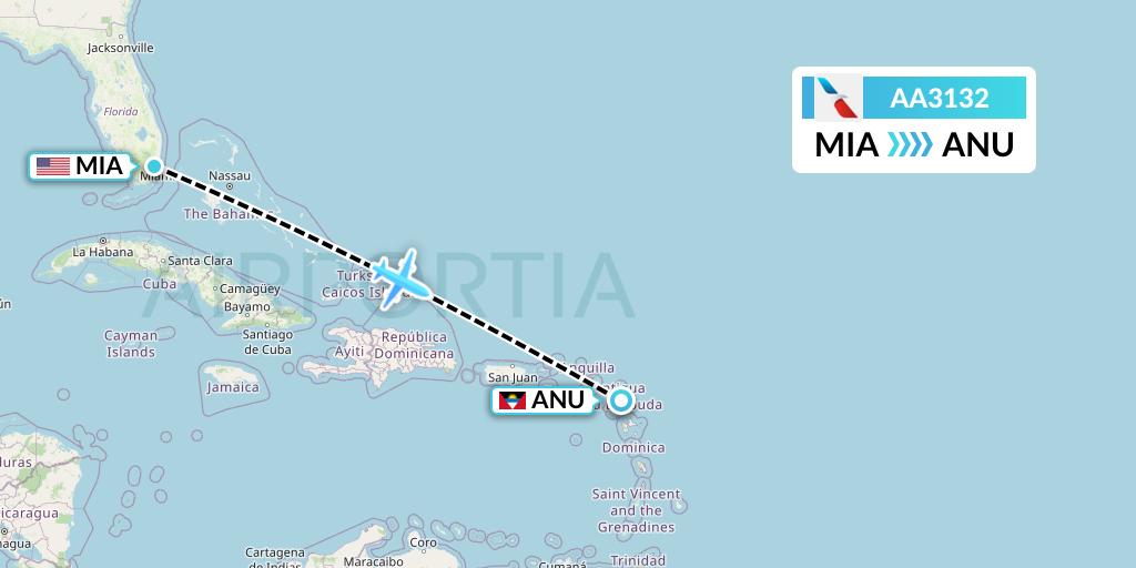 AA3132 American Airlines Flight Map: Miami to Antigua