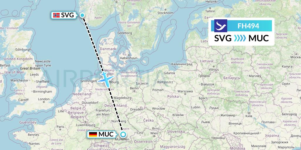 FH494 Freebird Airlines Flight Map: Stavanger to Munich