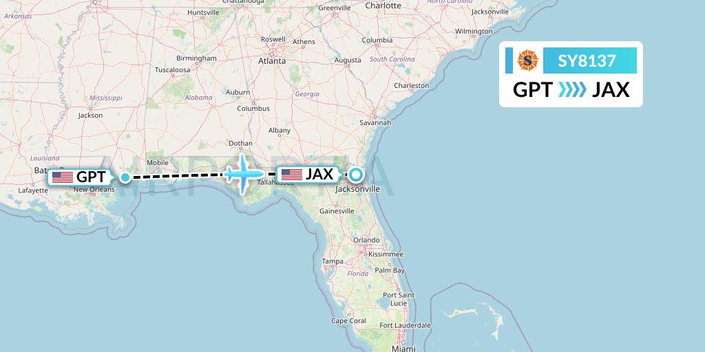 SY8137 Sun Country Airlines Flight Map: Gulfport to Jacksonville
