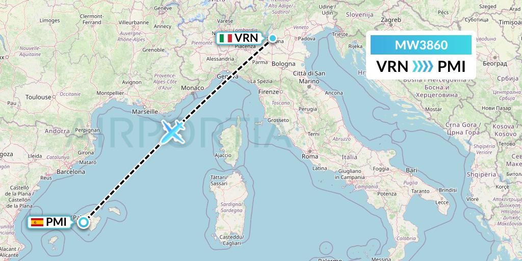 MW3860 Mokulele Flight Service Flight Map: Verona to Palma de Mallorca