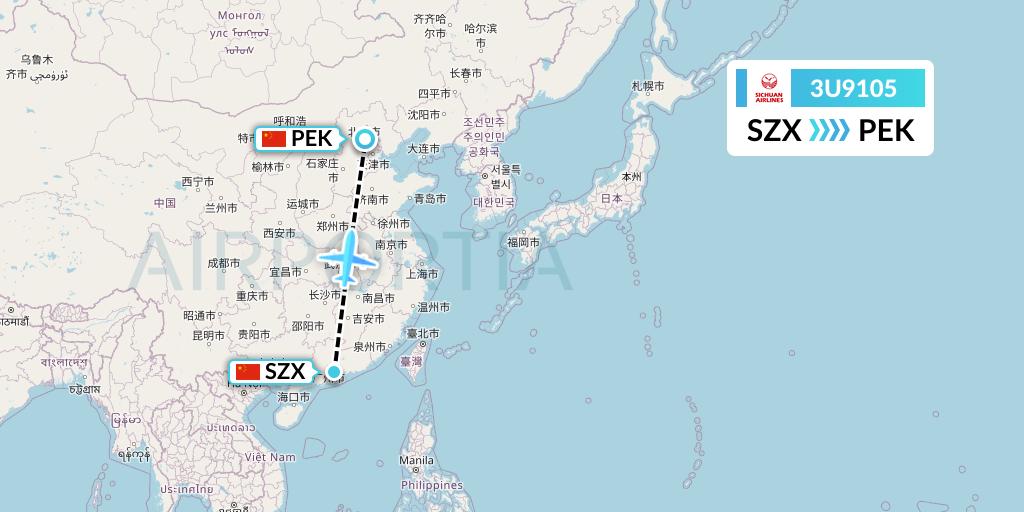 3U9105 Sichuan Airlines Flight Map: Shenzhen to Beijing