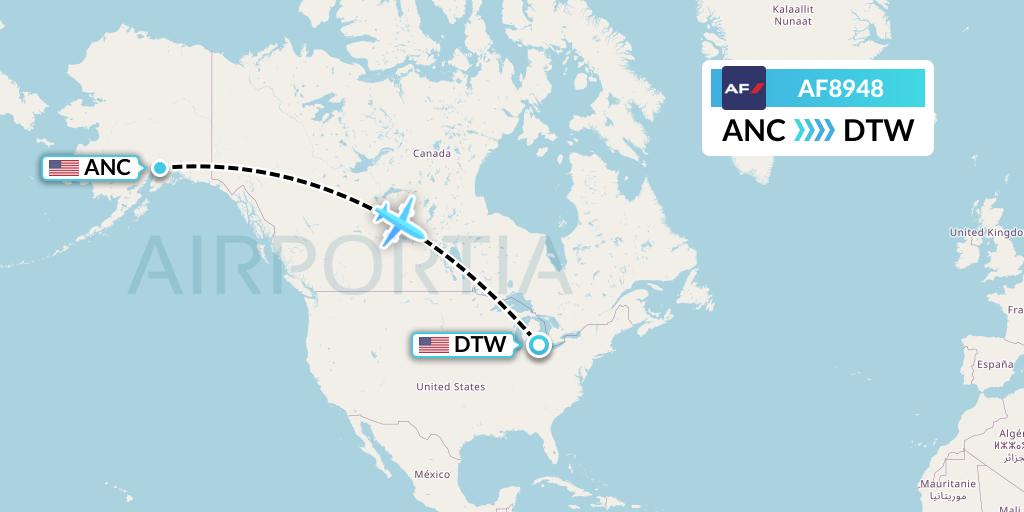 AF8948 Air France Flight Map: Anchorage to Detroit