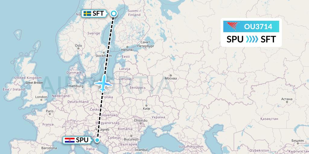 OU3714 Croatia Airlines Flight Map: Split to Skelleftea