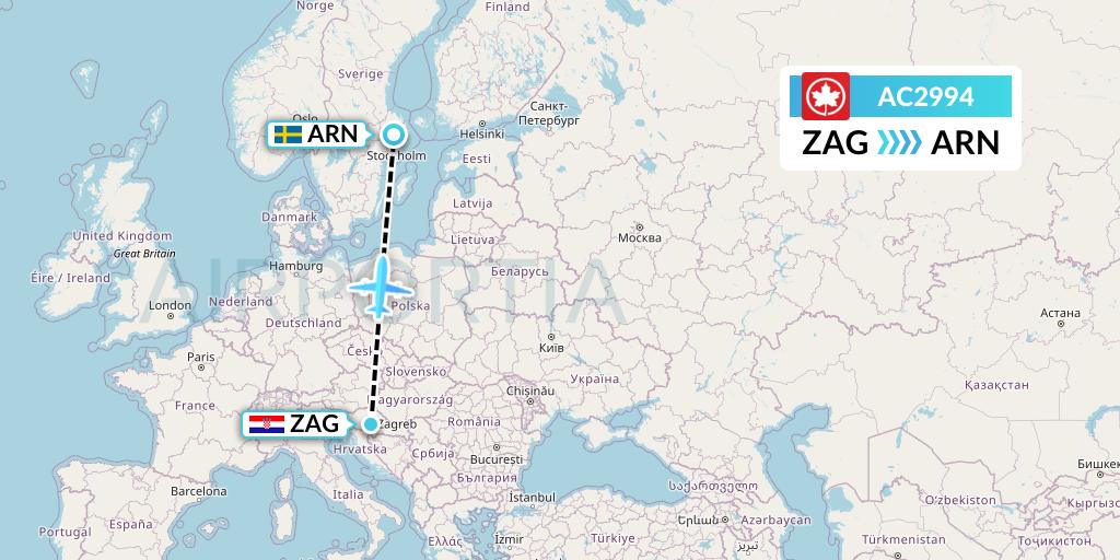 AC2994 Air Canada Flight Map: Zagreb to Stockholm