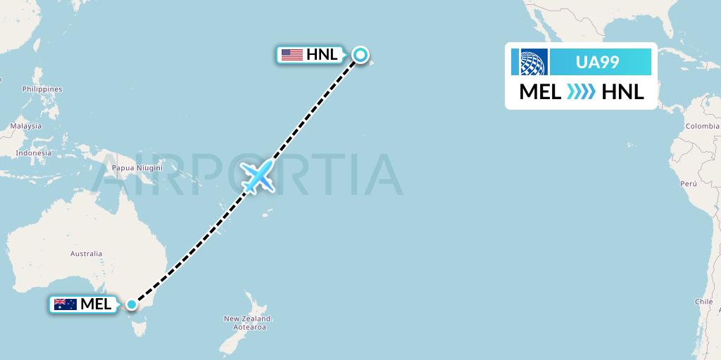 UA99 United Airlines Flight Map: Melbourne to Honolulu