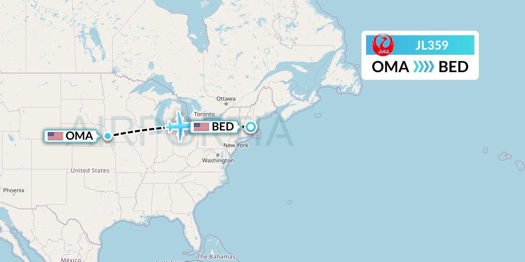 JL359 Japan Airlines Flight Map: Omaha to Bedford