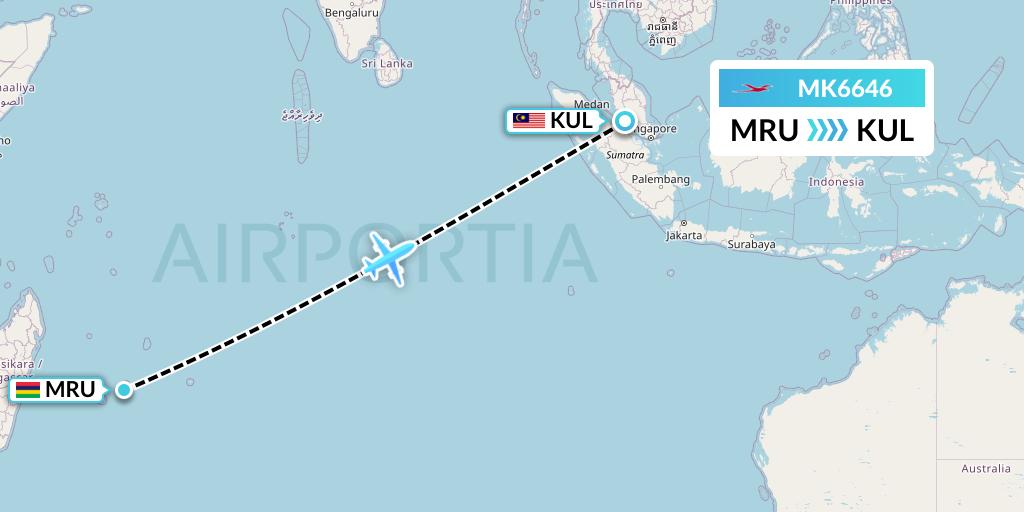 MK6646 Air Mauritius Flight Map: Port Louis to Kuala Lumpur