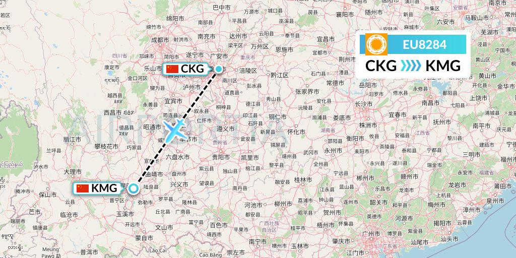EU8284 Chengdu Airlines Flight Map: Chongqing to Kunming
