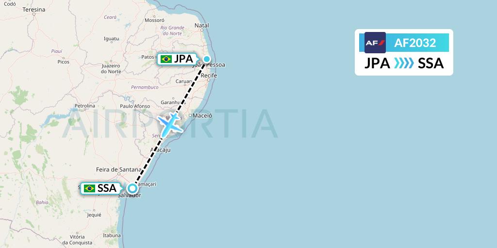 AF2032 Air France Flight Map: Joao Pessoa to Salvador