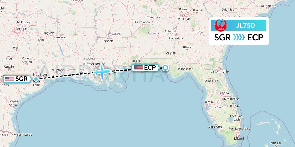 JL750 Japan Airlines Flight Map: Sugar Land to Panama City