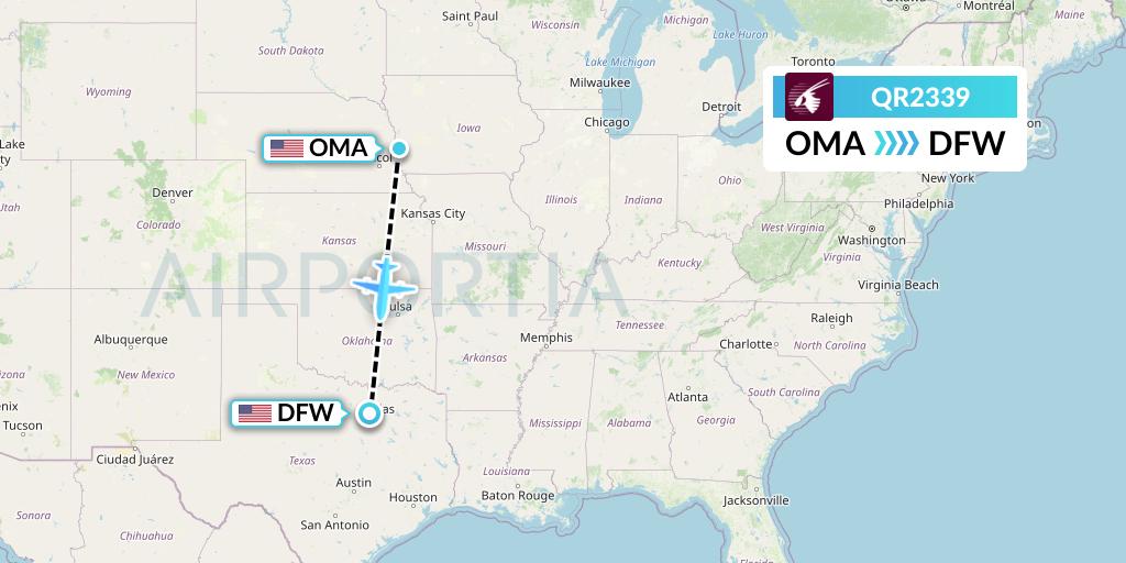 QR2339 Qatar Airways Flight Map: Omaha to Dallas