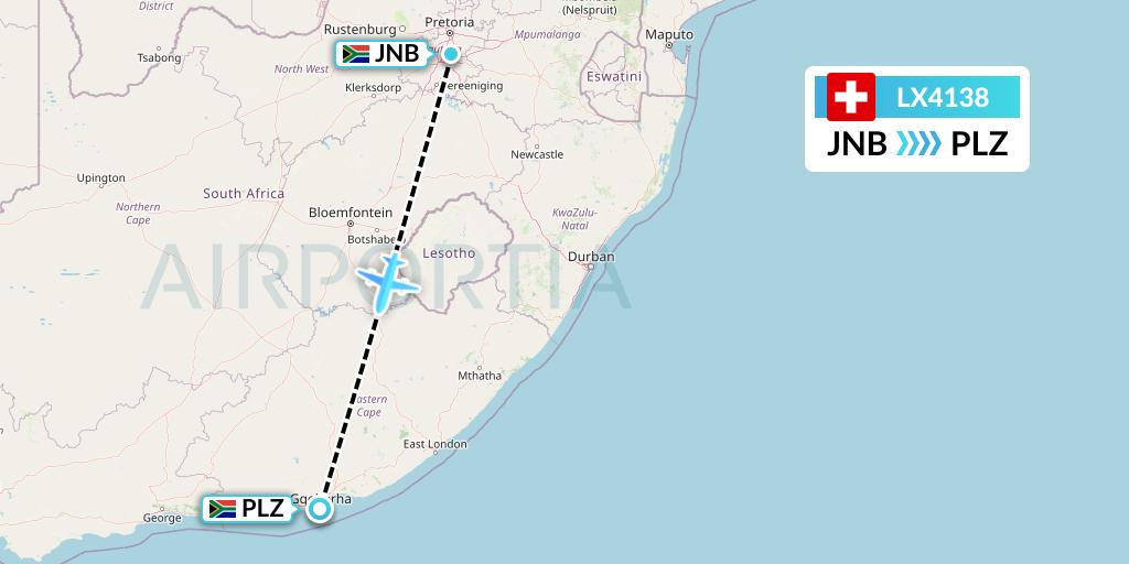 LX4138 Swiss Flight Map: Johannesburg to Port Elizabeth