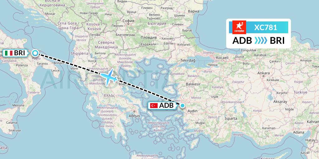 XC781 Corendon Airlines Flight Map: Izmir to Bari