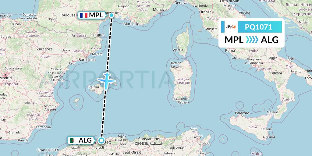 PQ1071 SkyUp Airlines Flight Map: Montpellier to Algiers