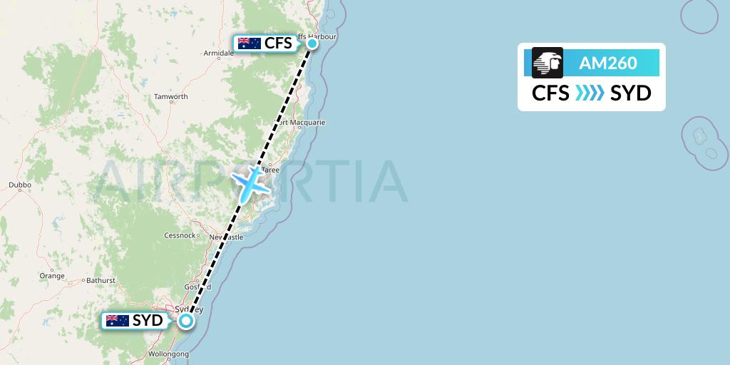 AM260 Aeromexico Flight Map: Coffs Harbour to Sydney