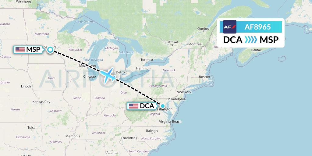 AF8965 Air France Flight Map: Washington to Minneapolis