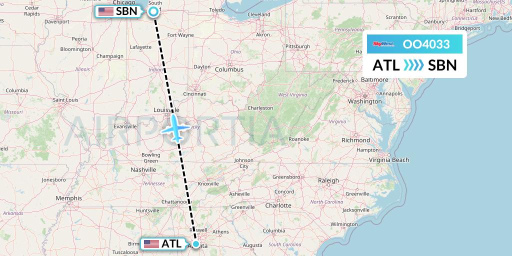 OO4033 SkyWest Airlines Flight Map: Atlanta to South Bend