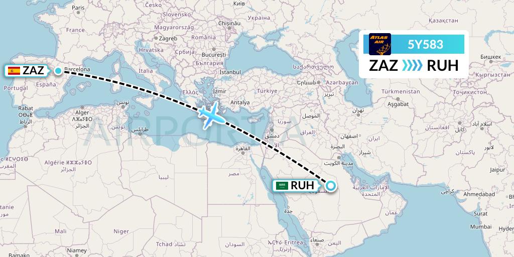5Y583 Atlas Air Flight Map: Zaragoza to Riyadh
