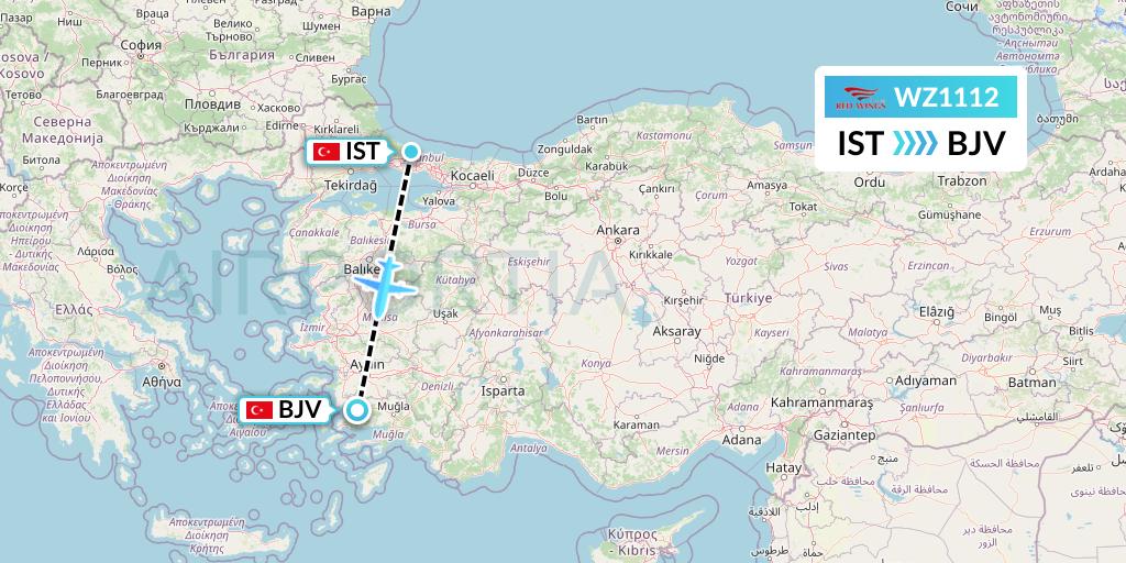 WZ1112 Red Wings Flight Map: Istanbul to Bodrum