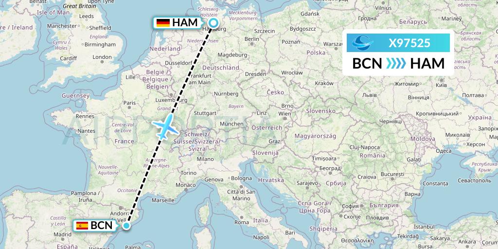 X97525 Avion Express Flight Map: Barcelona to Hamburg