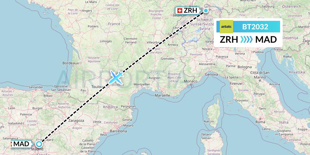 BT2032 Air Baltic Flight Map: Zurich to Madrid