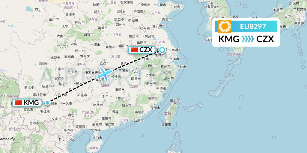 EU8297 Chengdu Airlines Flight Map: Kunming to Changzhou