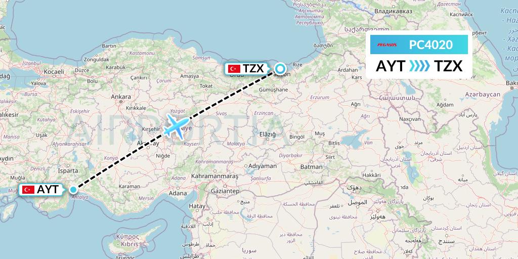 PC4020 Pegasus Airlines Flight Map: Antalya to Trabzon