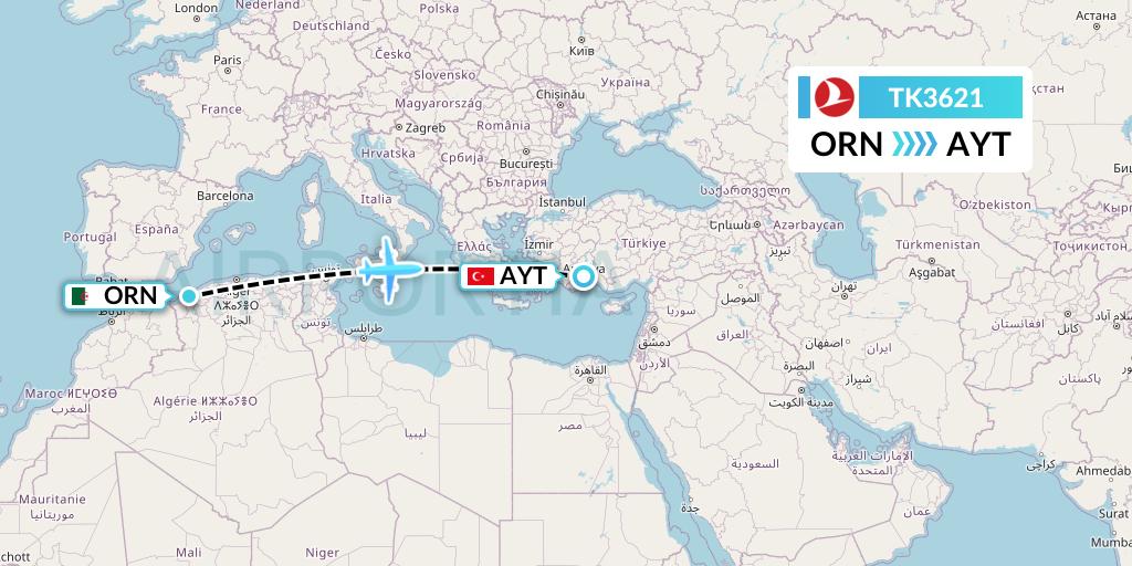 TK3621 Turkish Airlines Flight Map: Oran to Antalya