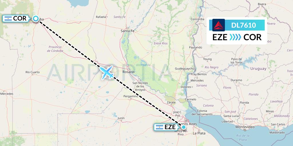 DL7610 Delta Air Lines Flight Map: Buenos Aires to Cordoba