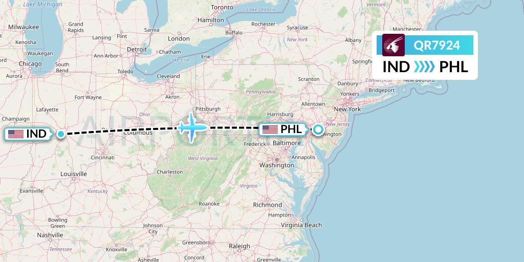 QR7924 Qatar Airways Flight Map: Indianapolis to Philadelphia