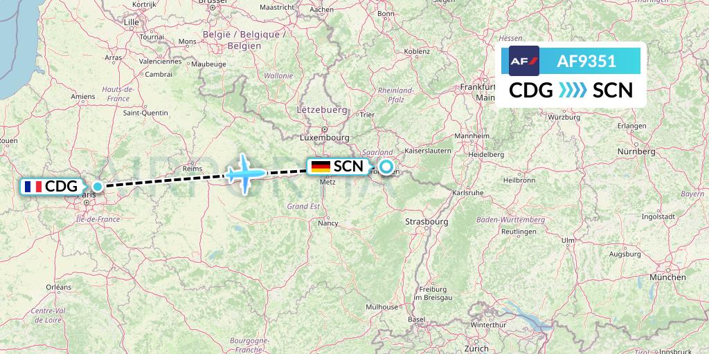 AF9351 Air France Flight Map: Paris to Saarbrucken