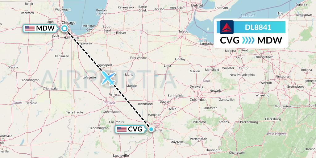 DL8841 Delta Air Lines Flight Map: Cincinnati to Chicago