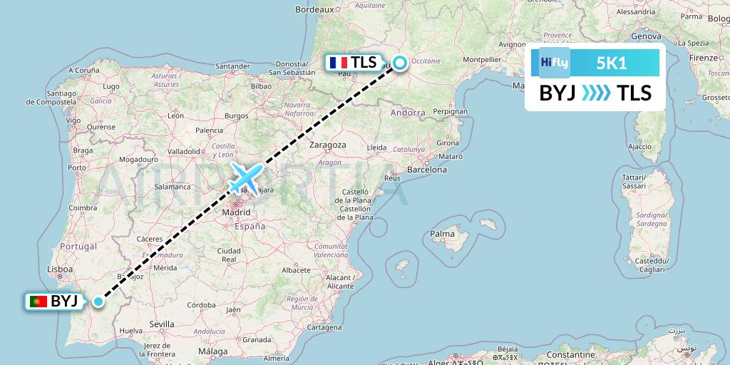 5K1 Hi Fly Flight Map: Beja to Toulouse