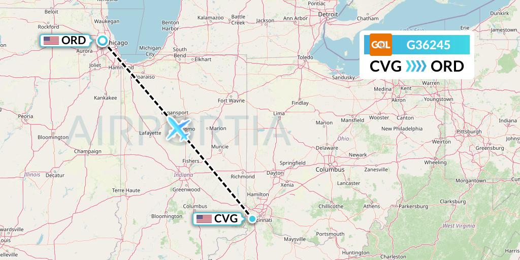 G36245 GOL Transportes Aeros Flight Map: Cincinnati to Chicago