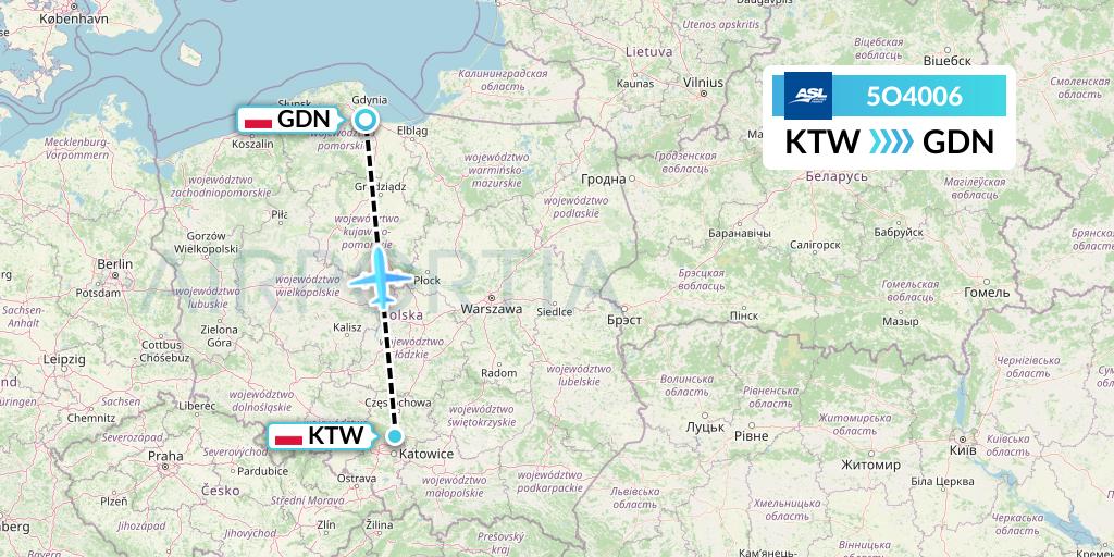 5O4006 ASL Airlines France Flight Map: Katowice to Gdansk