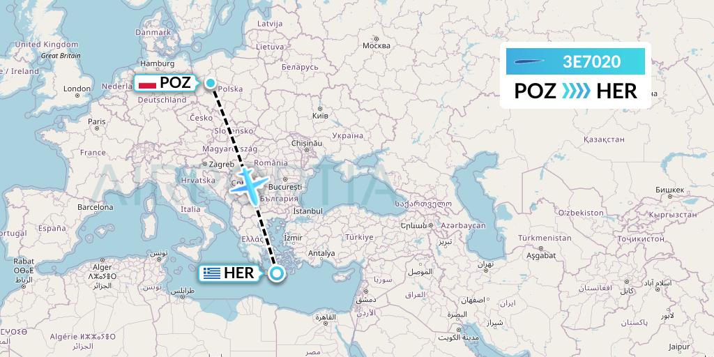 3E7020 Air Choice One Flight Map: Poznan to Heraklion