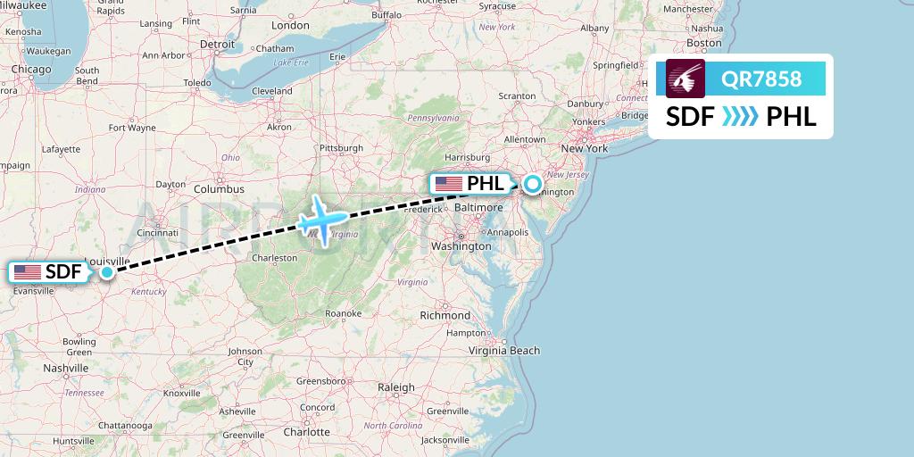 QR7858 Qatar Airways Flight Map: Louisville to Philadelphia