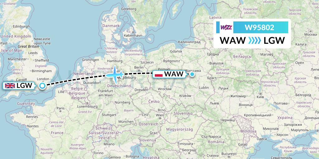 W95802 Wizz Air UK Flight Map: Warsaw to London