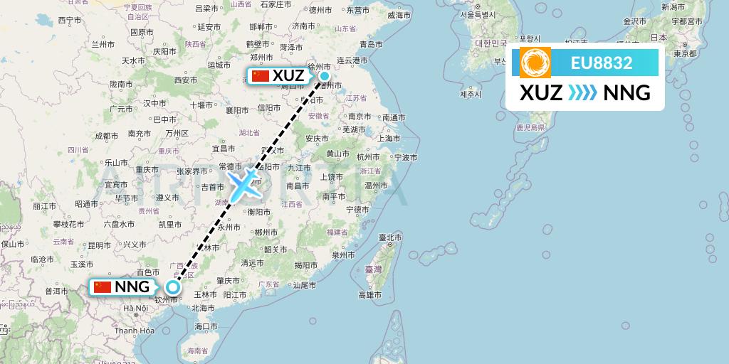 EU8832 Chengdu Airlines Flight Map: Xuzhou to Nanning