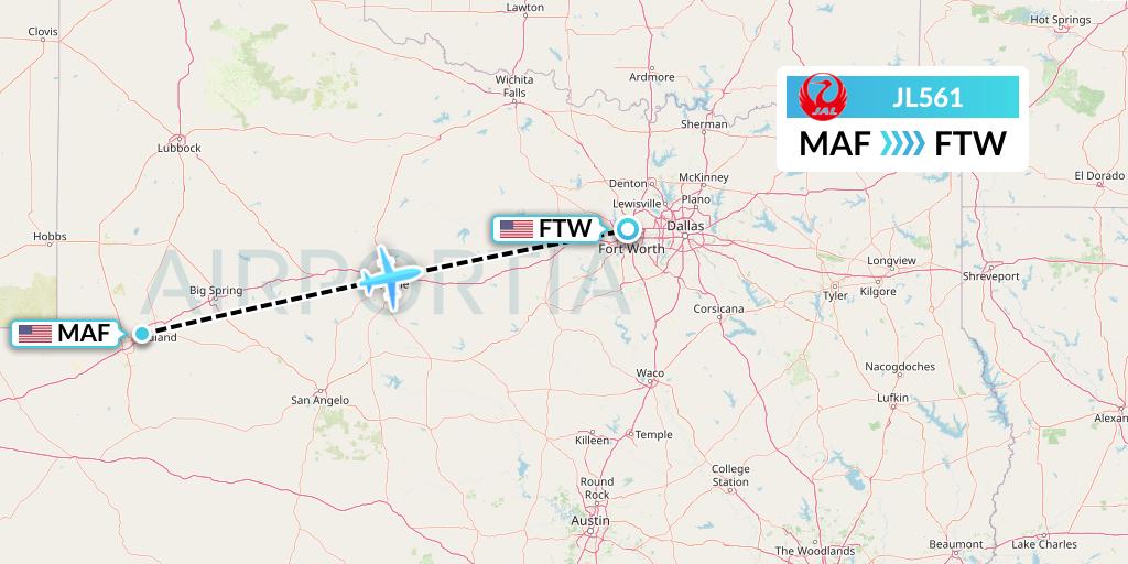 JL561 Japan Airlines Flight Map: Midland to Fort Worth