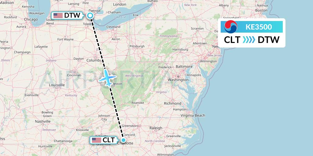 KE3500 Korean Air Flight Map: Charlotte to Detroit