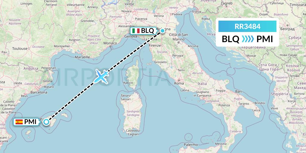 RR3484 Royal Air Force Flight Map: Bologna to Palma de Mallorca